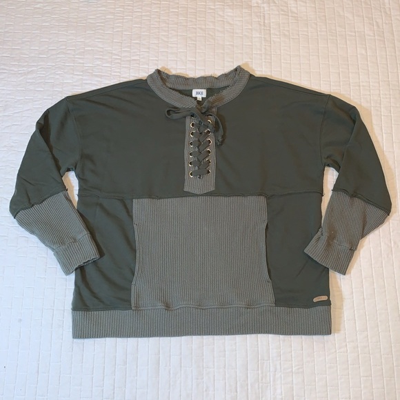 BKE Buckle Waffle Knit Lace Up Thermal Pullover, Olive Army Green, Women’s Large - Picture 6 of 16